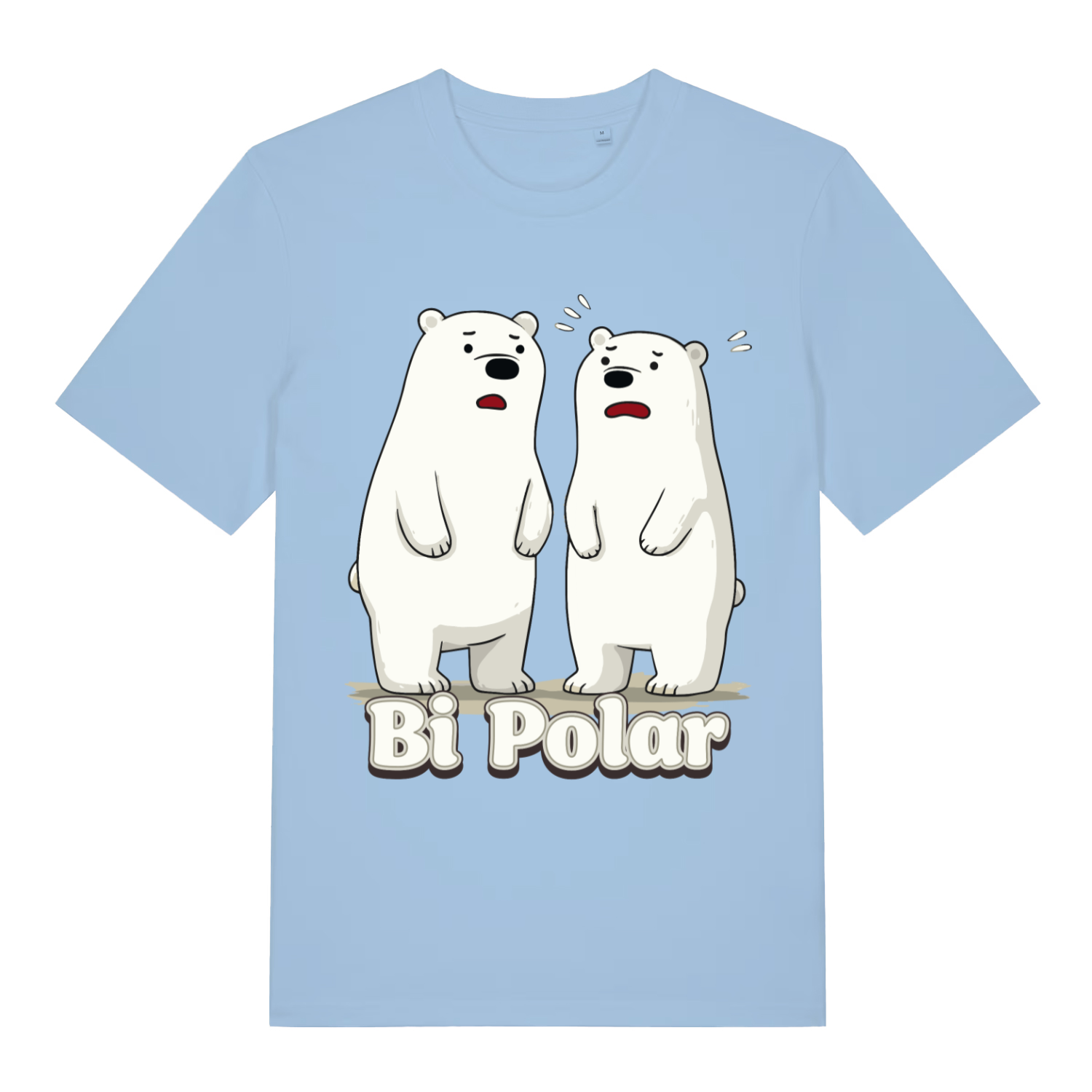 Sky blue women's Bi Polar T-shirt flat lay with funny polar bears cartoon and witty "Bi Polar" pun for women's wear