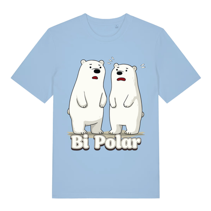 Sky blue women's Bi Polar T-shirt flat lay with funny polar bears cartoon and witty "Bi Polar" pun for women's wear