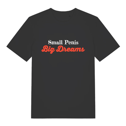 Black Small Penis Big Dreams T-shirt flat lay with rude offensive slogan in white and red text perfect cheeky men's banter tee