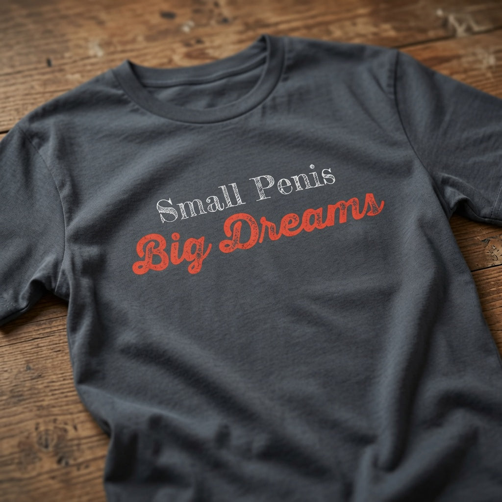 Ink grey Small Penis Big Dreams t-shirt laid flat on a wooden surface showing the full slogan, funny mens offensive witty pub banter design full of pure attitude