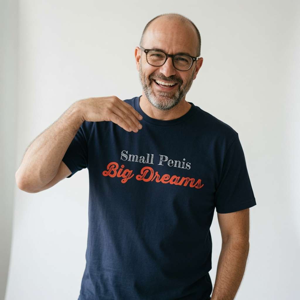 Man in navy Small Penis Big Dreams t-shirt, fun witty rude mens pub banter slogan shirt