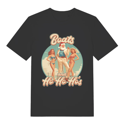 Black Boats and Ho Ho Ho's T-shirt flat lay with retro Santa on yacht with women funny cheeky Christmas pun graphic