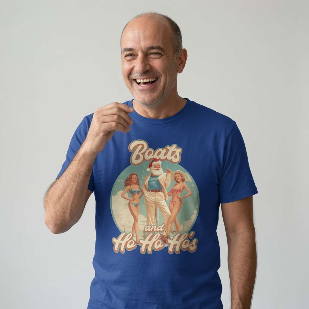 Man in blue Boats and Ho Ho Ho's tee, funny silly pun xmas party mens gift