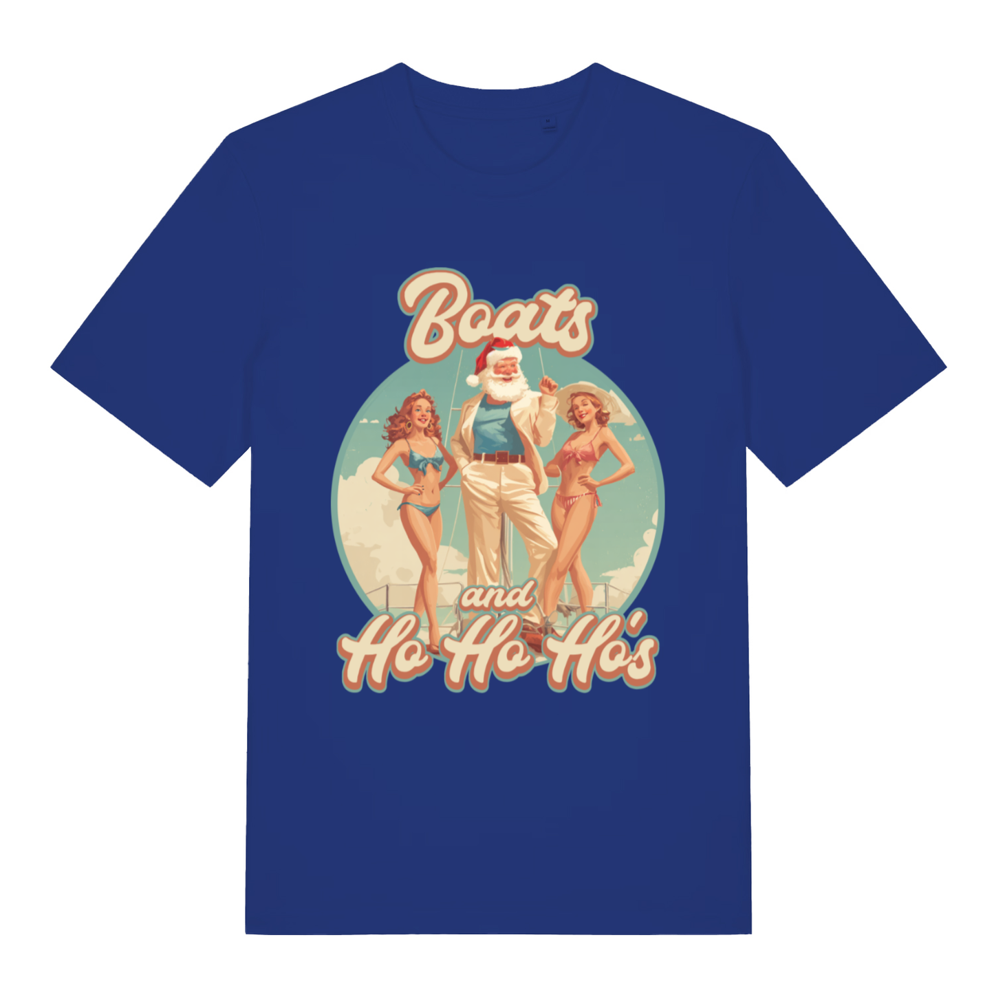 Blue Boats and Ho Ho Ho's T-shirt flat lay featuring vintage-style Santa and bikini girls "Boats and Ho Ho Ho's" design
