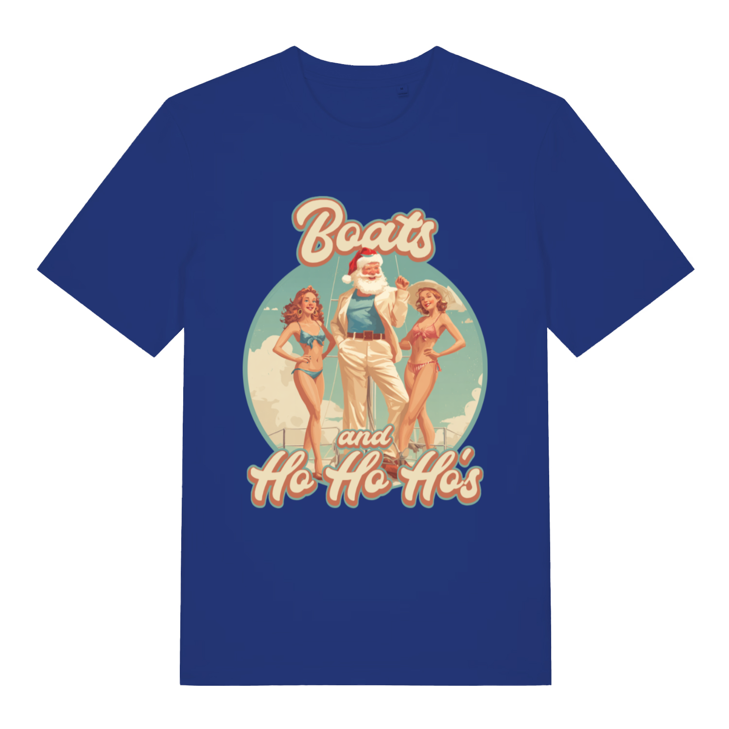 Blue Boats and Ho Ho Ho's T-shirt flat lay featuring vintage-style Santa and bikini girls "Boats and Ho Ho Ho's" design