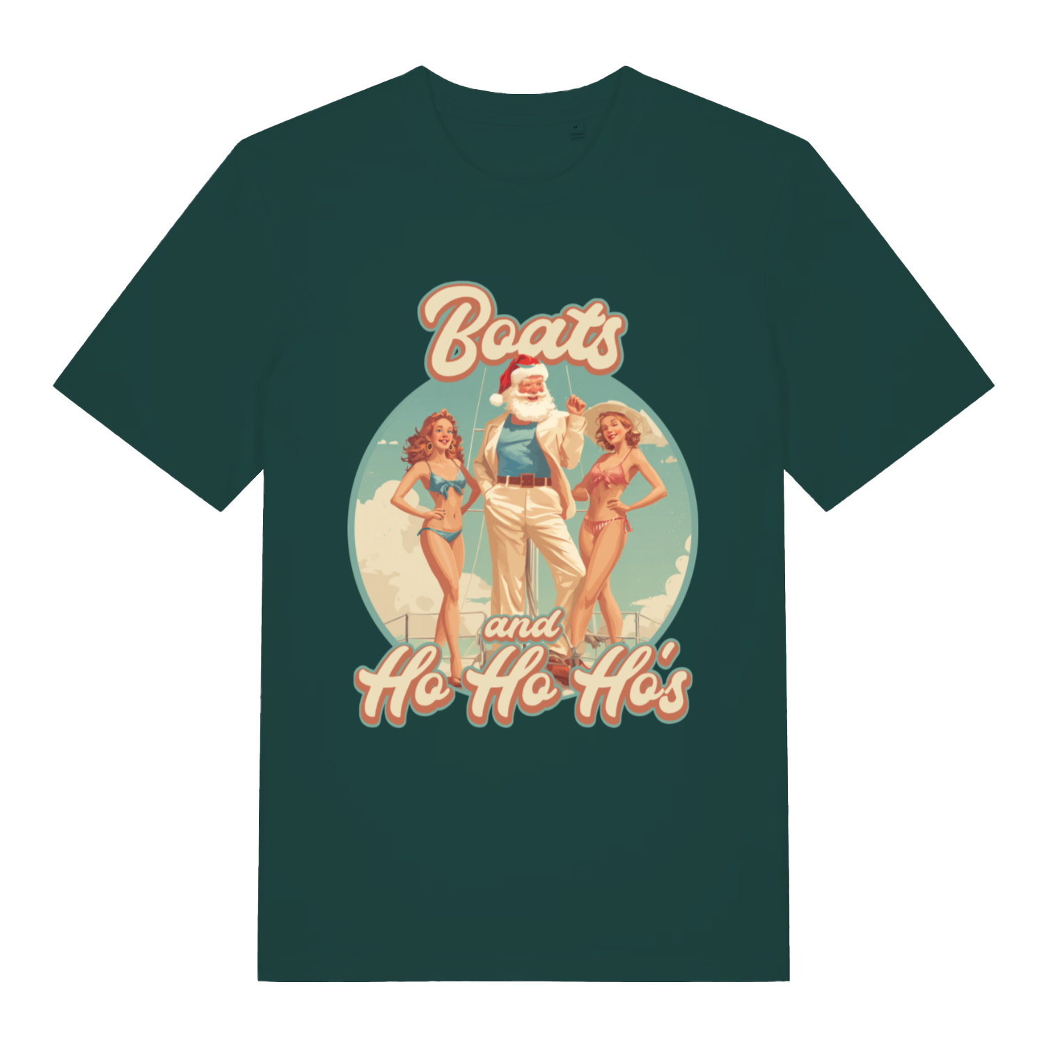 Green Boats and Ho Ho Ho's T-shirt flat lay showing humorous Santa yacht scene with rude festive pun slogan
