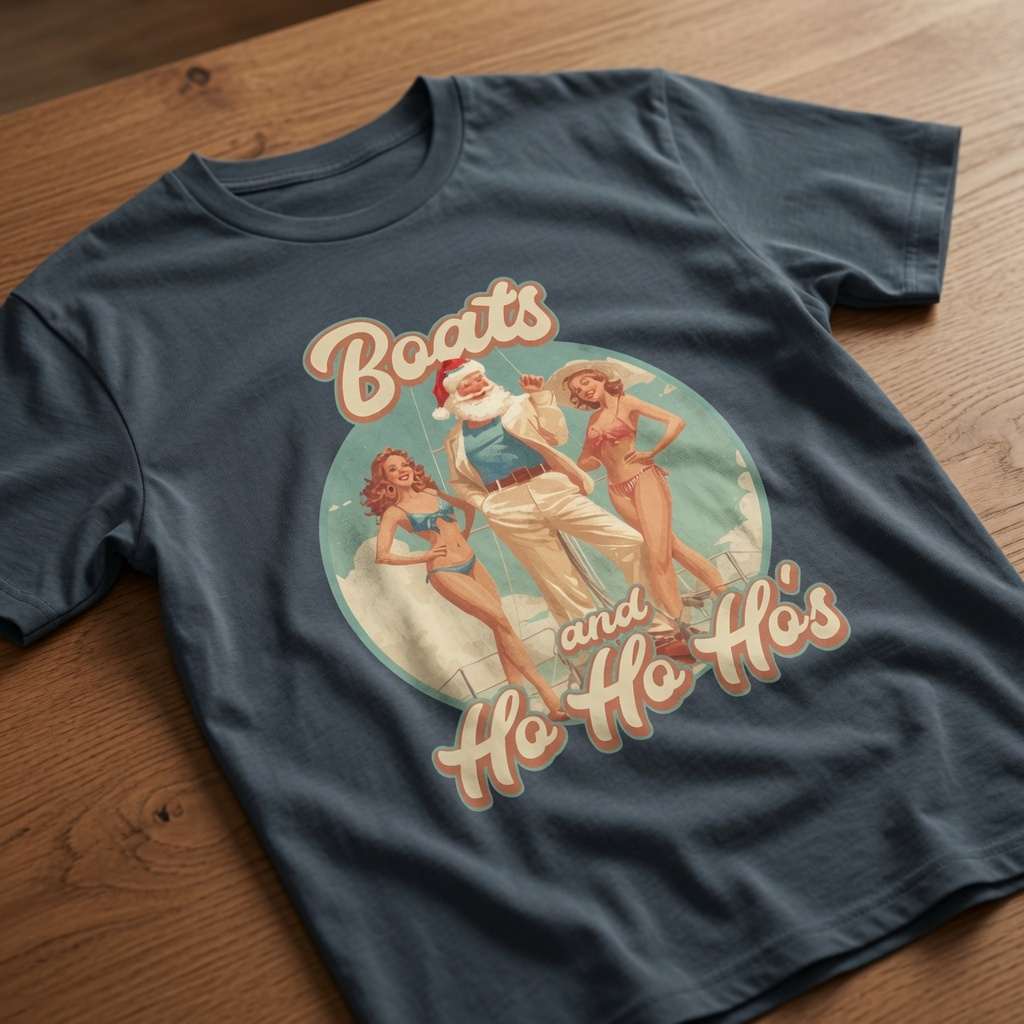 Ink grey Boats and Ho Ho Ho's slogan t-shirt on wood, witty original fun santa pun tee