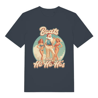 Ink grey Boats and Ho Ho Ho's T-shirt flat lay with cheeky retro Santa graphic and "Boats and Ho Ho Ho's" text