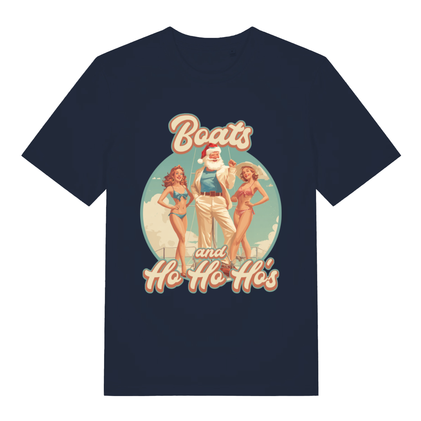 Navy Boats and Ho Ho Ho's T-shirt flat lay with retro Santa yacht pun graphic featuring "Boats and Ho Ho Ho's" slogan