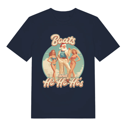 Navy Boats and Ho Ho Ho's T-shirt flat lay with retro Santa yacht pun graphic featuring "Boats and Ho Ho Ho's" slogan