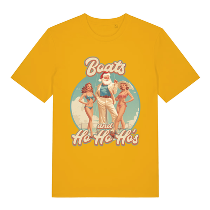 Yellow Boats and Ho Ho Ho's T-shirt flat lay displaying fun Santa with women on boat perfect witty Xmas banter tee