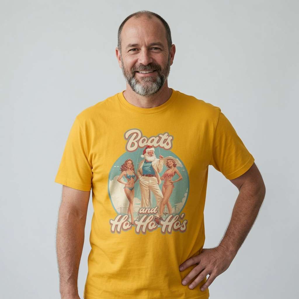 Man in yellow Boats and Ho Ho Ho's t-shirt, funny witty santa pun xmas gift tee