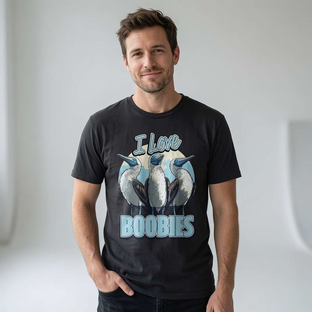 Man in black I Love Boobies tee, fun boobie bird pun graphic gift