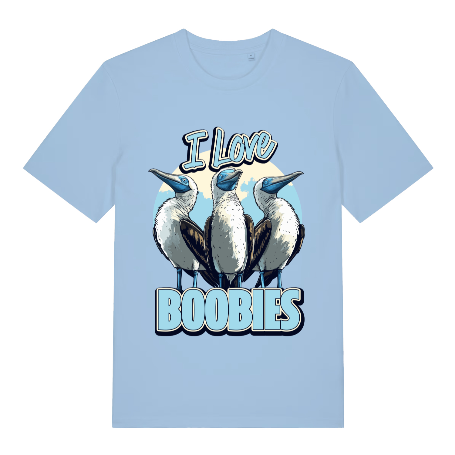 Sky blue I Love Boobies T-shirt flat lay with adorable bird pun graphic ideal cheeky banter Christmas top