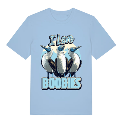 Sky blue I Love Boobies T-shirt flat lay with adorable bird pun graphic ideal cheeky banter Christmas top