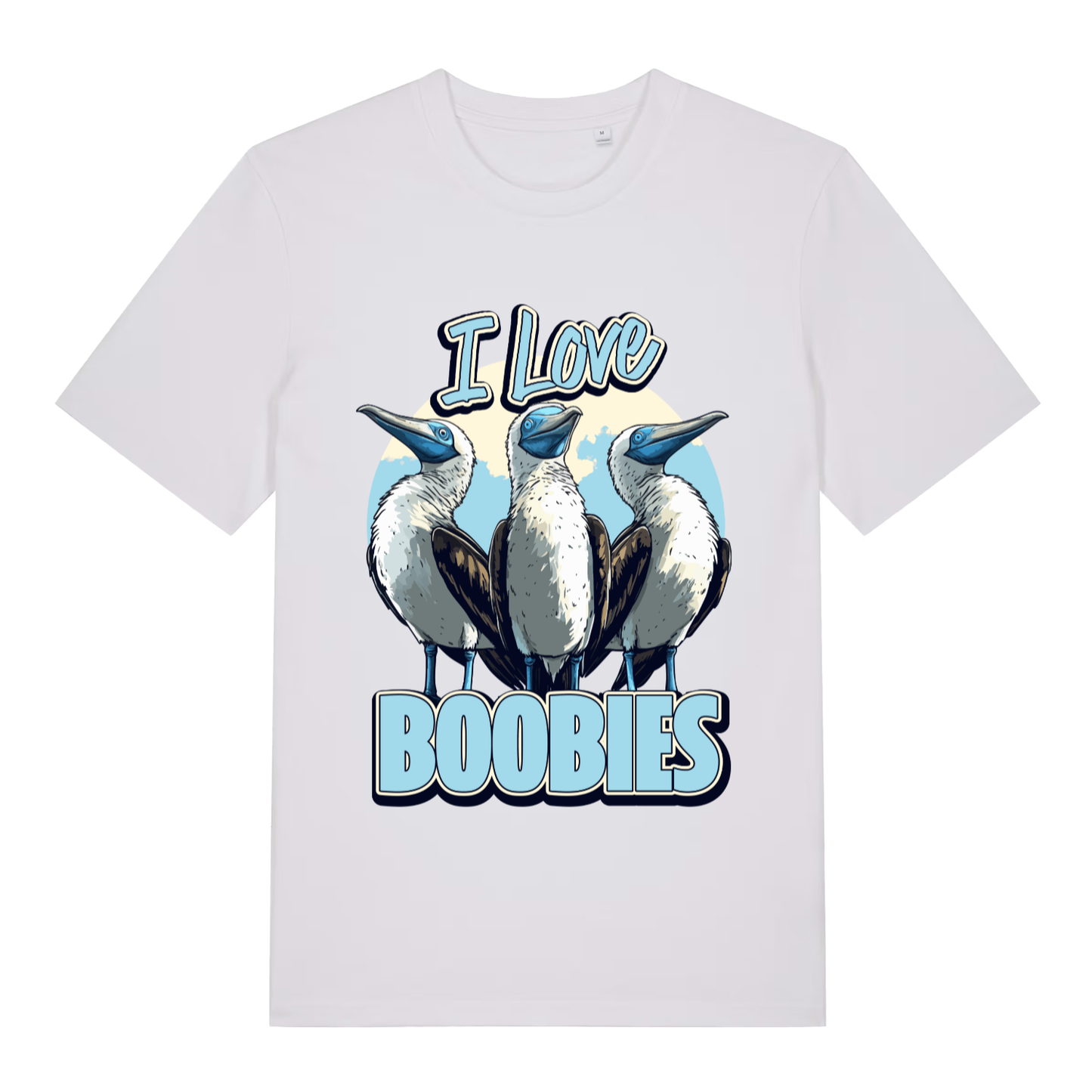 White I Love Boobies T-shirt flat lay displaying funny boobies birds cartoon and playful pun text