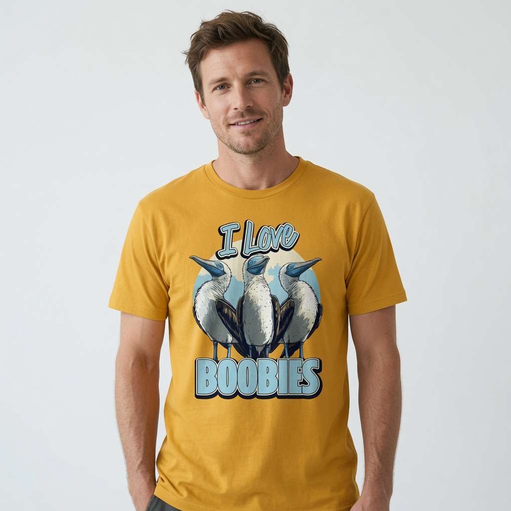 Man in yellow I Love Boobies t-shirt, mens fun pun rude blue footed bird tee