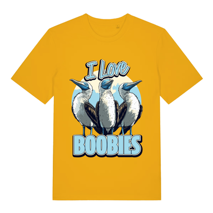 Yellow I Love Boobies T-shirt flat lay showing humorous blue-footed boobies design with bold "I Love Boobies" lettering