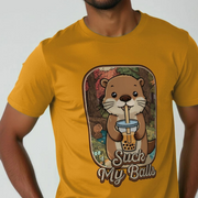 Yellow funny graphic t-shirt with a cartoon beaver drinking bubble tea from a cup and the slogan 