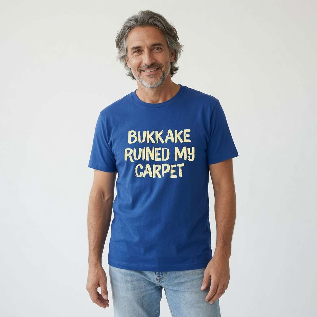 Man in blue Bukkake Ruined My Carpet tee, ultra crude offensive funny mens stag party gift