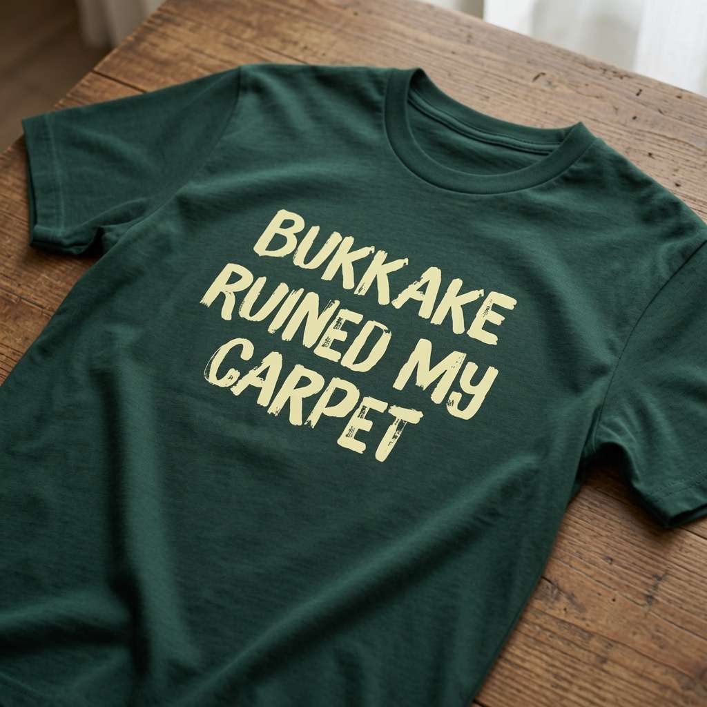 Green Bukkake Ruined My Carpet slogan t-shirt on wood, funny really rude crude offensive stag party mens shirt