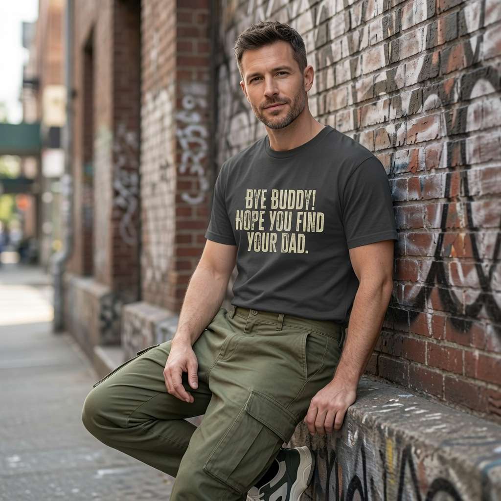 Man in dark grey Bye Buddy Hope You Find Your Dad t-shirt against brick wall, funn xmas movie slogan tee