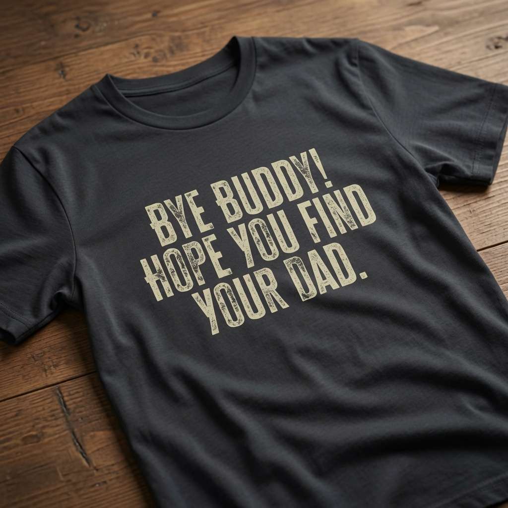 Black Bye Buddy Hope You Find Your Dad t-shirt on wood, funny xmas movie slogan tee