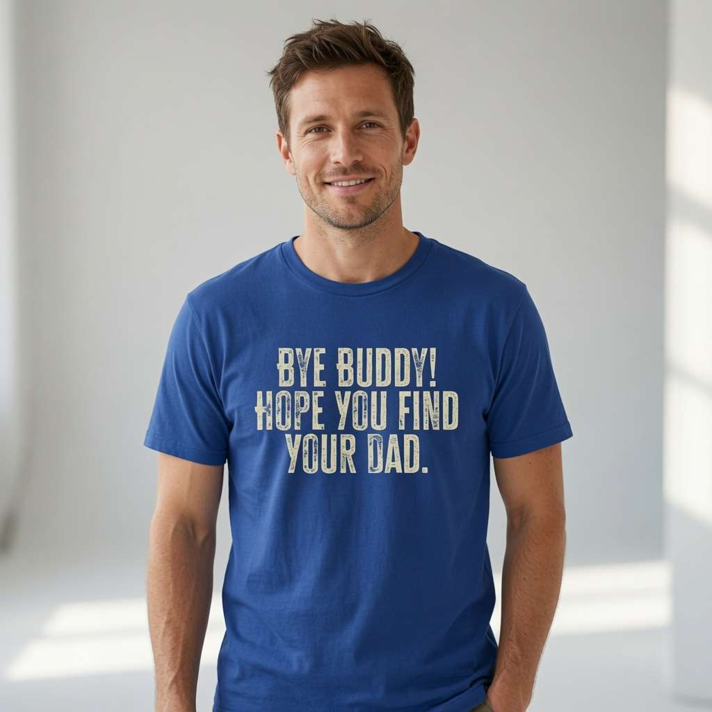 Man in blue Bye Buddy Hope You Find Your Dad tee, mens funny movie xmas day gift