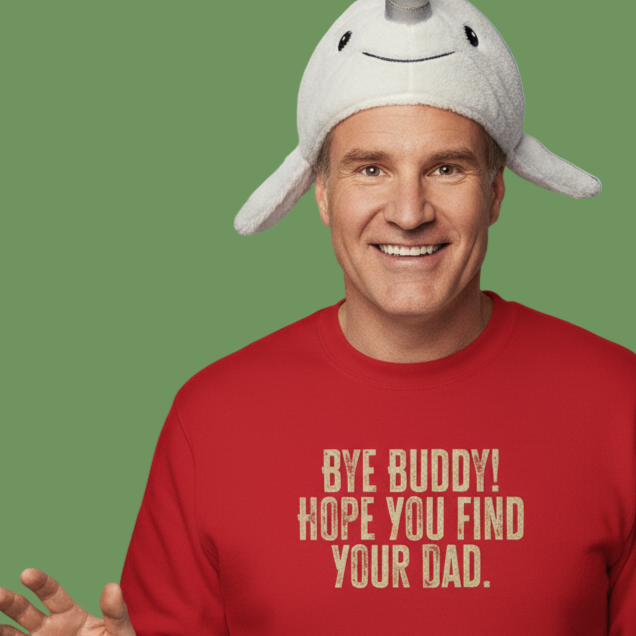 Person wearing a red sweatshirt with humorous Elf slogan "Bye Buddy, Hope You Find Your Dad"  and a Narwhal hat on a green background