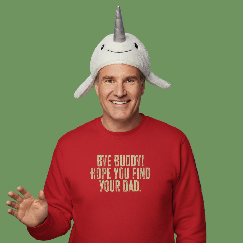 Person wearing a red Elf sweatshirt with humorous Christmas text and a Narwal hat on a green background