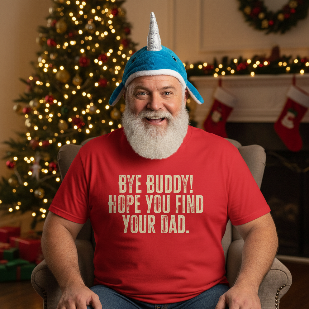 Man wearing a red Christmas film themed shirt with humorous text "Bye Buddy, Hope you find your dad" and a blue Narwal hat, sitting in front of a decorated Christmas tree.