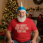 Man wearing a red Christmas film themed shirt with humorous text 