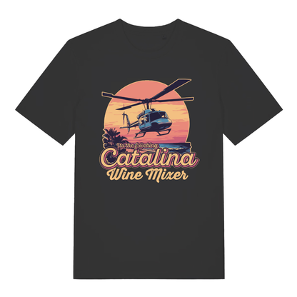 Black Catalina Wine Mixer T-shirt flat lay with funny helicopter sunset graphic and Step Brothers movie quote