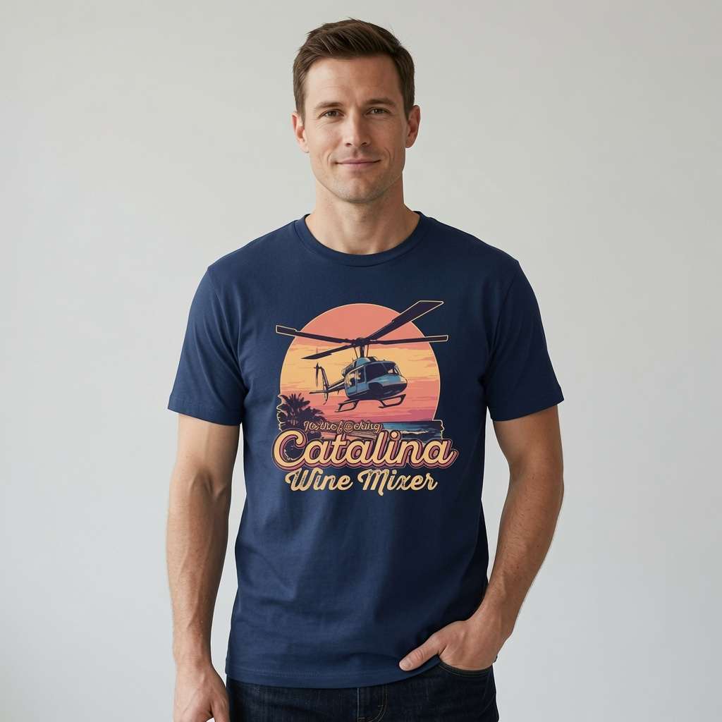 Man in blue Catalina Wine Mixer tee, fun witty movie inspired graphic gift