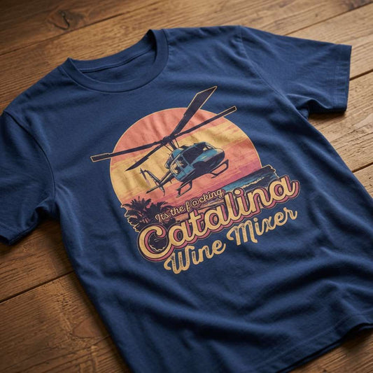 Blue Catalina Wine Mixer t-shirt on wood, funny movie inspired graphic shirt