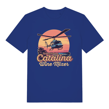 Blue Catalina Wine Mixer T-shirt flat lay featuring iconic "It's the fucking Catalina Wine Mixer" design