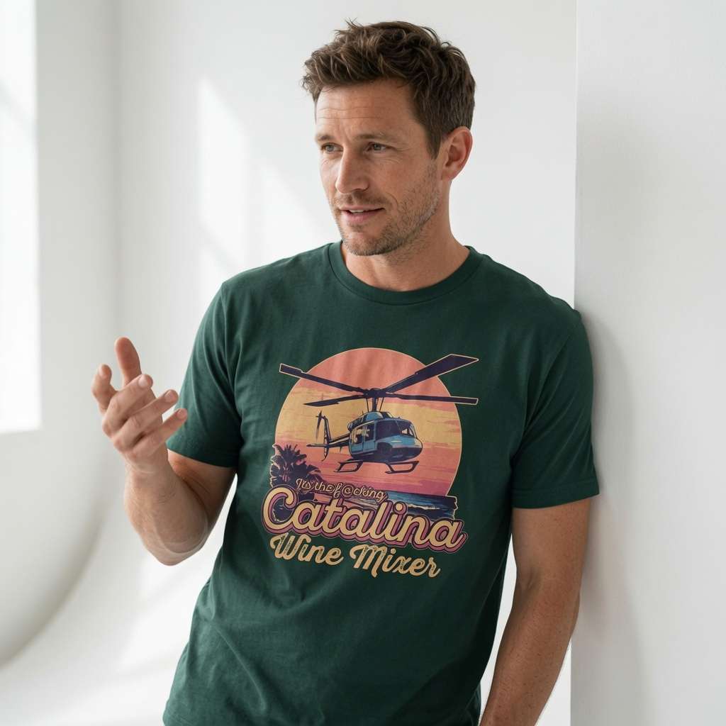 Man in green Catalina Wine Mixer t-shirt, fun comedy film inspired helicopter shirt
