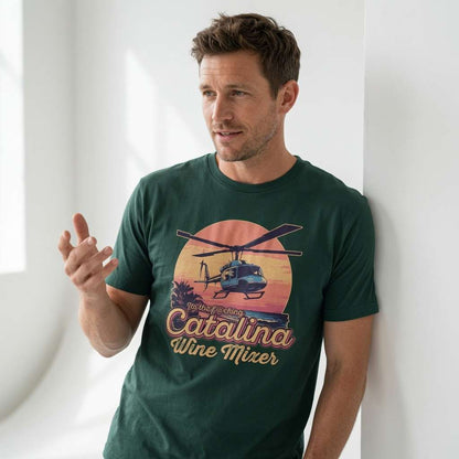 Man in green Catalina Wine Mixer t-shirt, fun comedy film inspired helicopter shirt