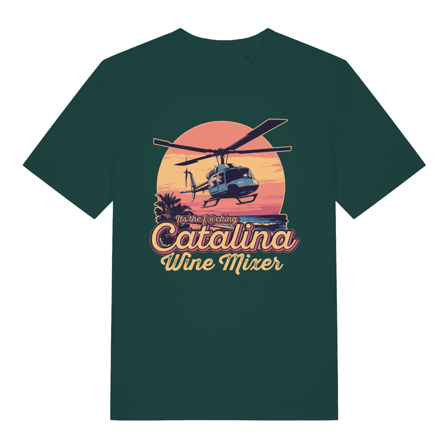 Green Catalina Wine Mixer T-shirt flat lay showing comedy film inspired helicopter sunset illustration