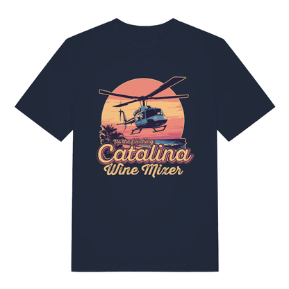 Navy Catalina Wine Mixer T-shirt flat lay displaying Step Brothers funny helicopter sunset design