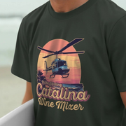 Black comedy film t-shirt with a cool helicopter graphic and its the fu#king catalina wine mixer slogan on a person wearing it.