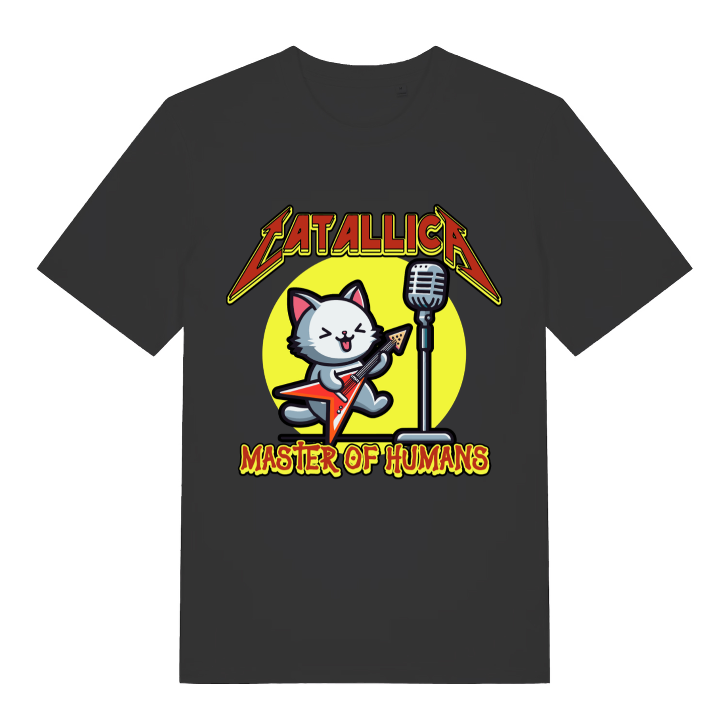 Black Catallica T-shirt flat lay with funny rocking cat guitar graphic and "Master of Humans" Metallica parody