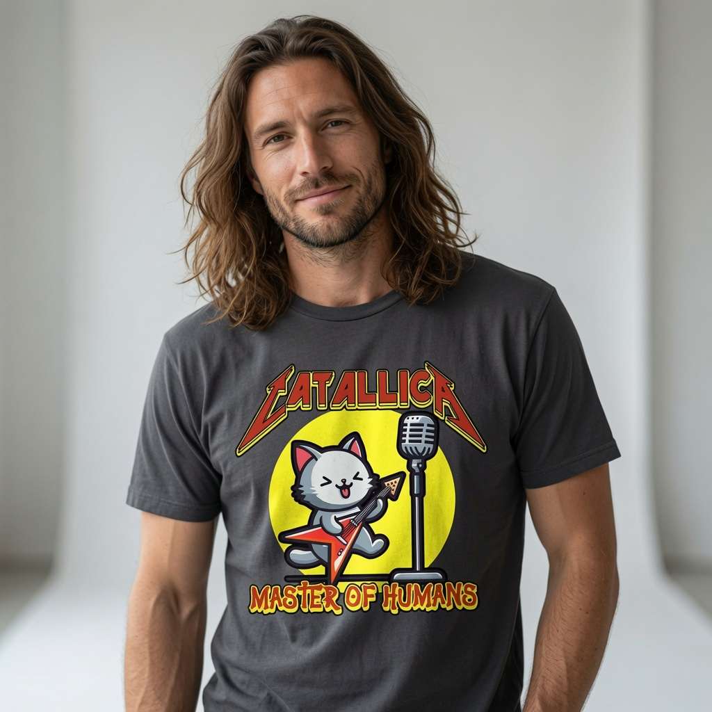 Man in black Catallica Master of Humans t-shirt, funny rocking cat music inspired graphic tee