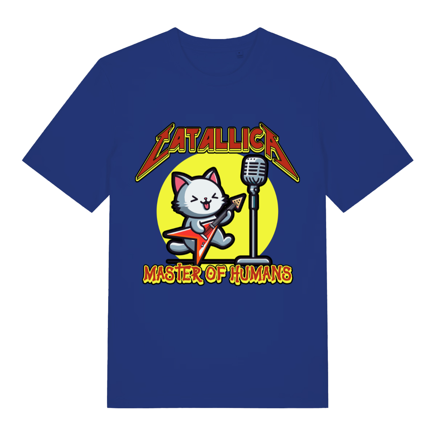 Blue Catallica T-shirt flat lay featuring cheeky cat metal band design perfect music lover tee