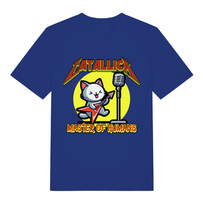 Blue Catallica T-shirt flat lay featuring cheeky cat metal band design perfect music lover tee