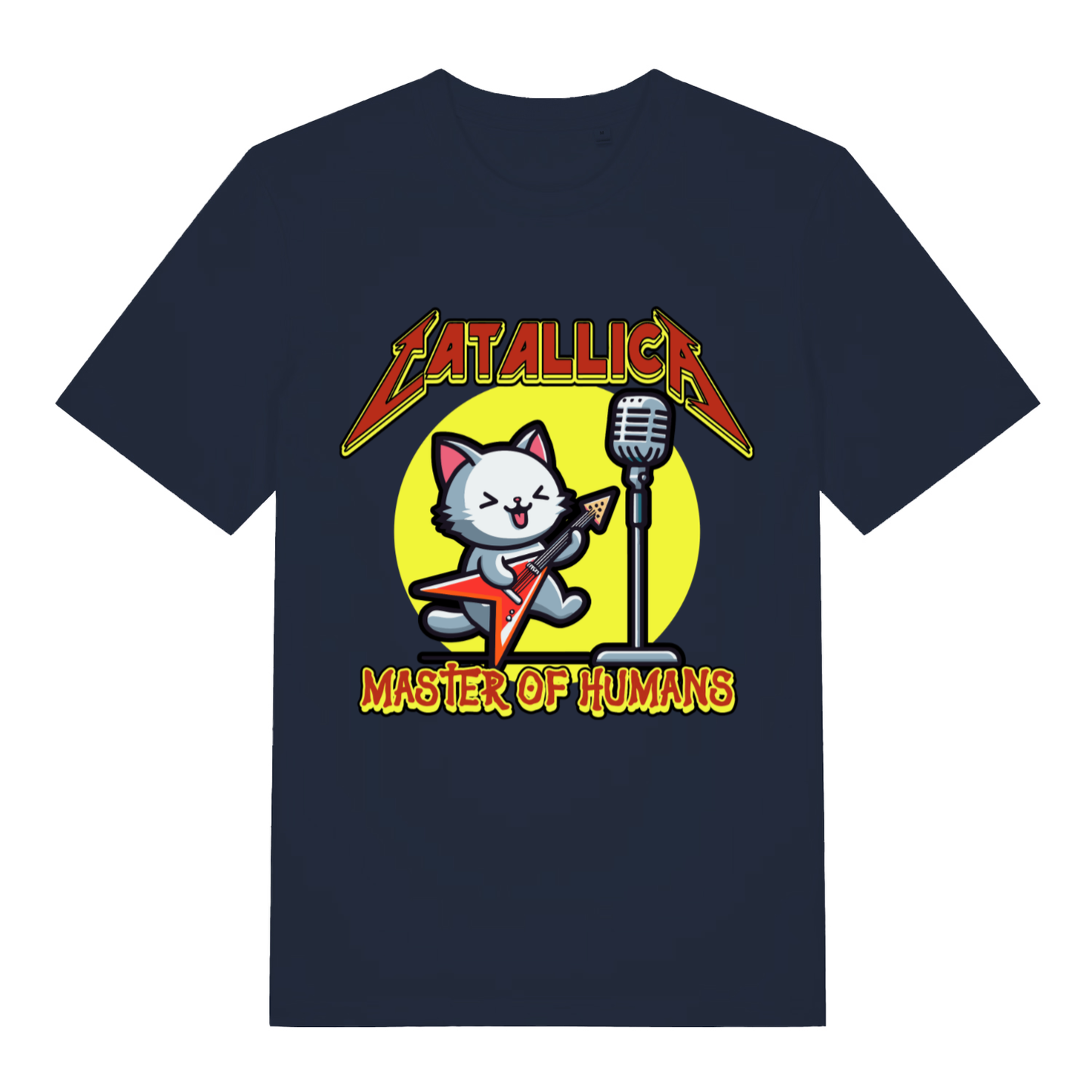 Navy Catallica T-shirt flat lay showing adorable cat shredding with "Catallica Master of Humans" slogan