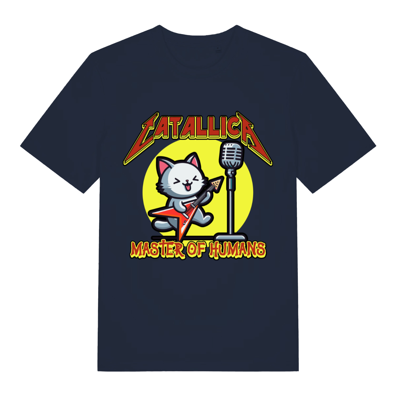 Navy Catallica T-shirt flat lay showing adorable cat shredding with "Catallica Master of Humans" slogan