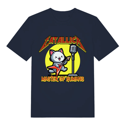 Navy Catallica T-shirt flat lay showing adorable cat shredding with "Catallica Master of Humans" slogan