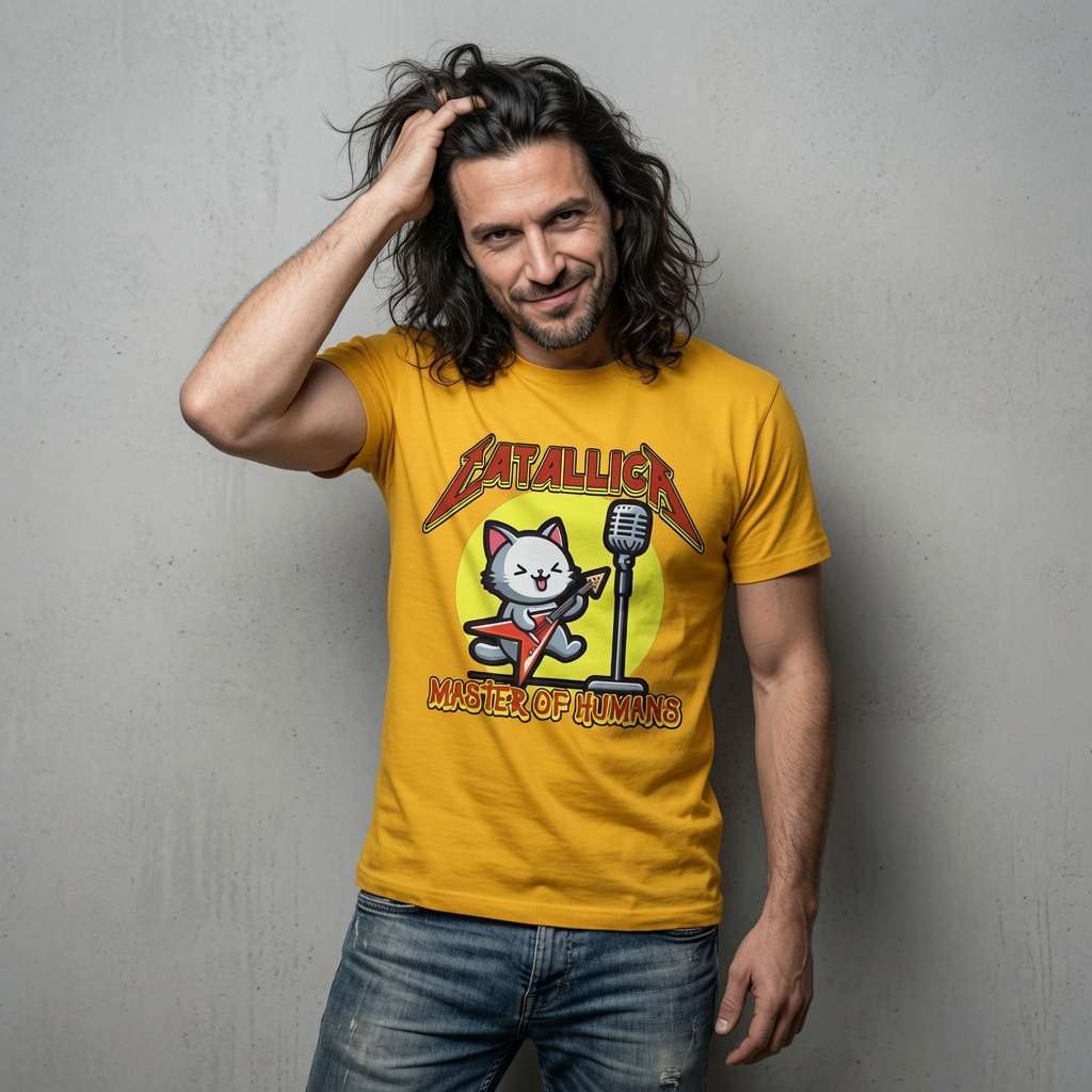 Man in yellow Catallica Master of Humans tee, witty cat guitar music inspired funny feline gift