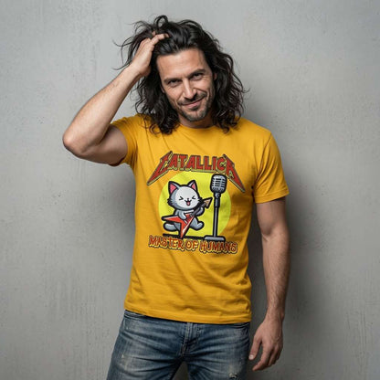 Man in yellow Catallica Master of Humans tee, witty cat guitar music inspired funny feline gift